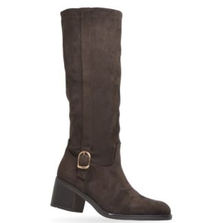 Bota de antelina con hebilla y tacón ancho – Marrón oscuro