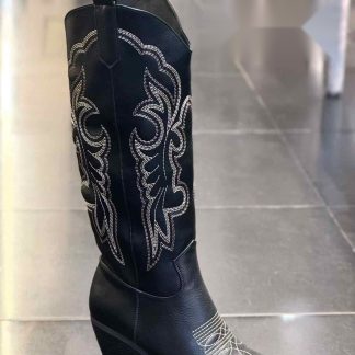 Bota cowboy alta con bordado en contraste en color Negro – Maison Atelier