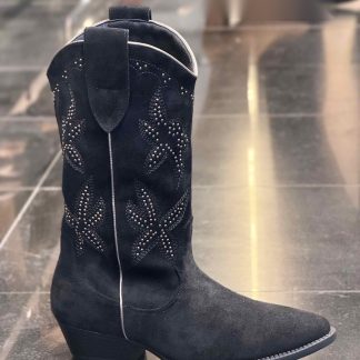 Bota cowboy de ante con tachuelas florales en color Negro – Maison Atelier